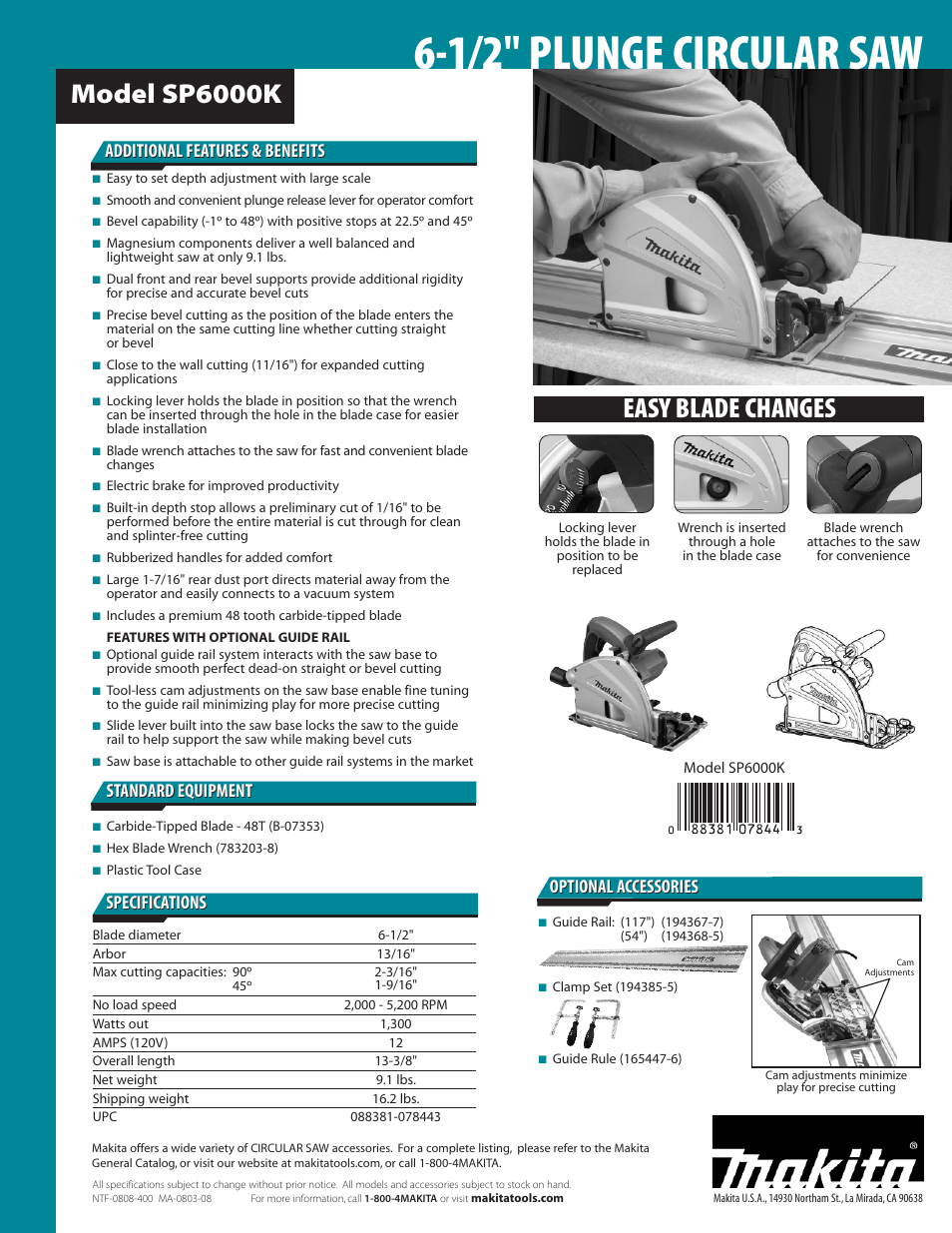 1/2" plunge circular saw, Easy blade changes, Model sp6000k | Additional features & benefits, Specifications, Optional accessories | Makita SP6000K User Manual | Page 2 / 2