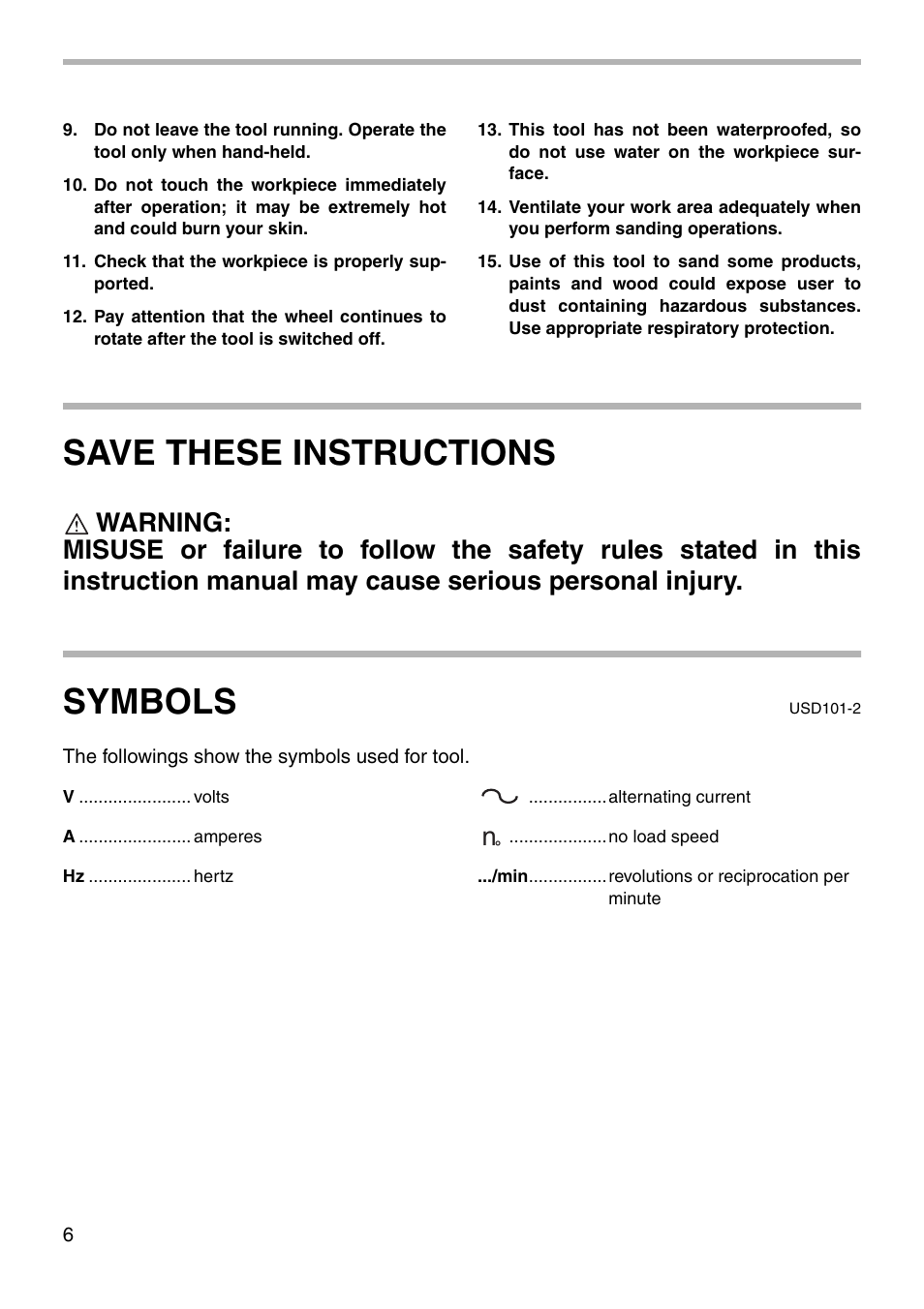 Save these instructions, Symbols | Makita 9227C User Manual | Page 6 / 16