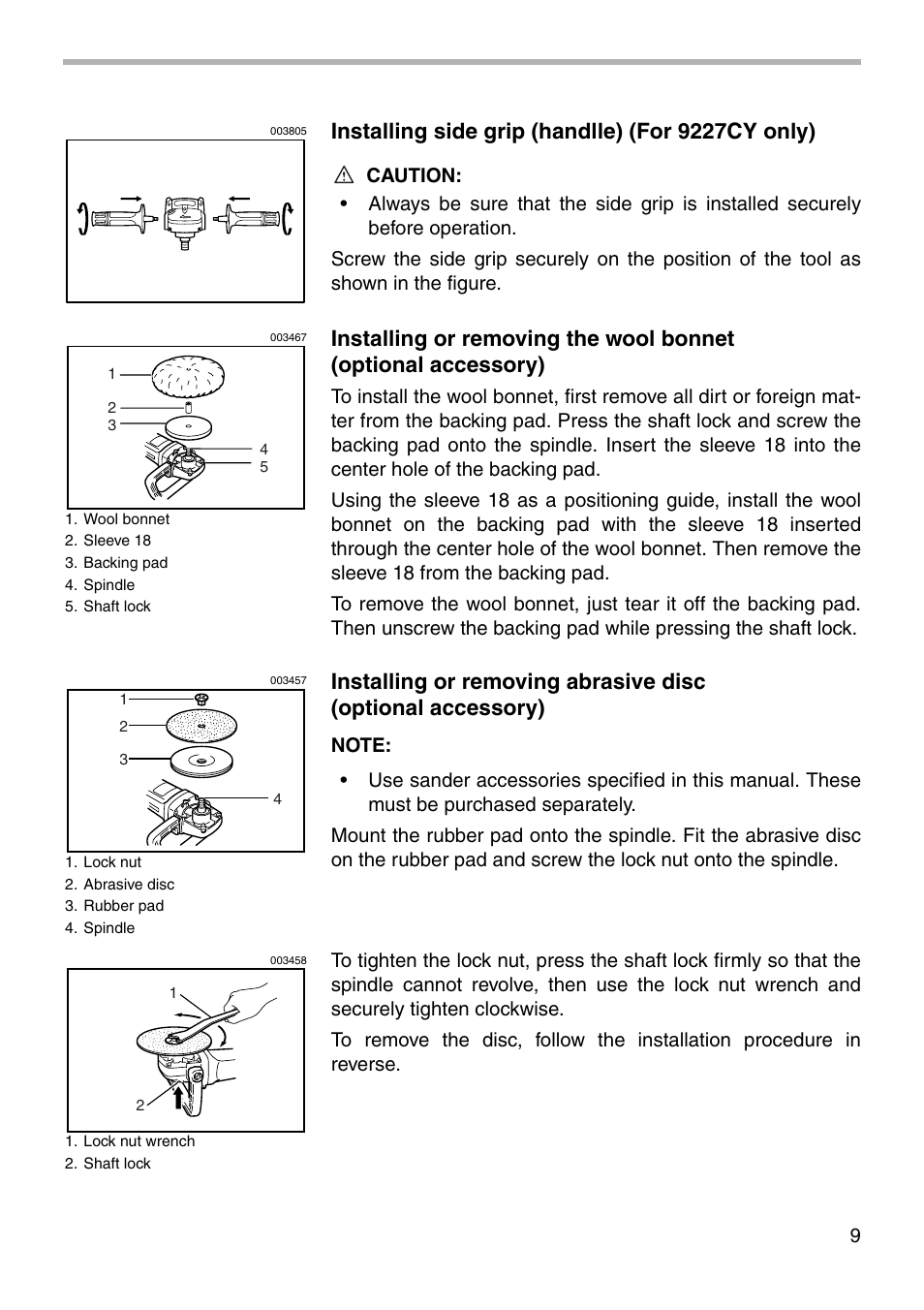 Installing side grip (handlle) (for 9227cy only) | Makita 9227C User Manual | Page 9 / 16