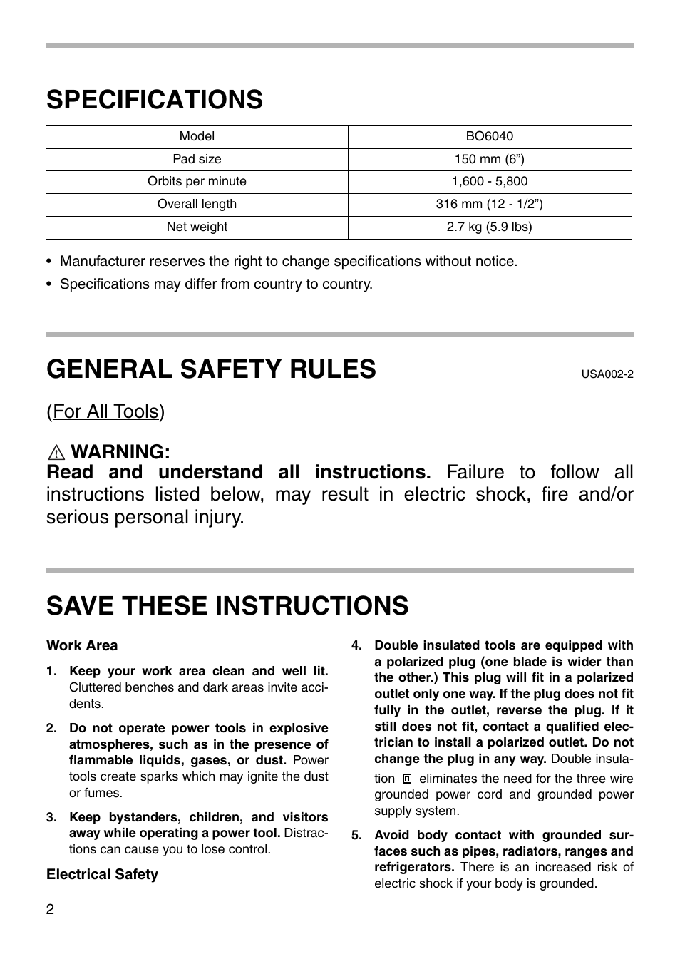 Specifications, General safety rules, Save these instructions | Makita BO6040 003278 User Manual | Page 2 / 16