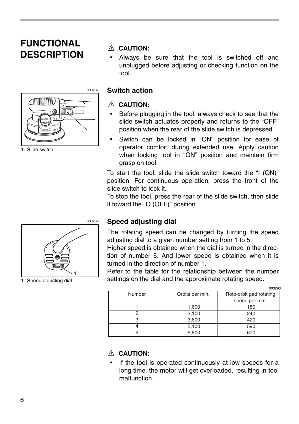 Functional description, Switch action, Speed adjusting dial | Makita BO6040 003278 User Manual | Page 6 / 16
