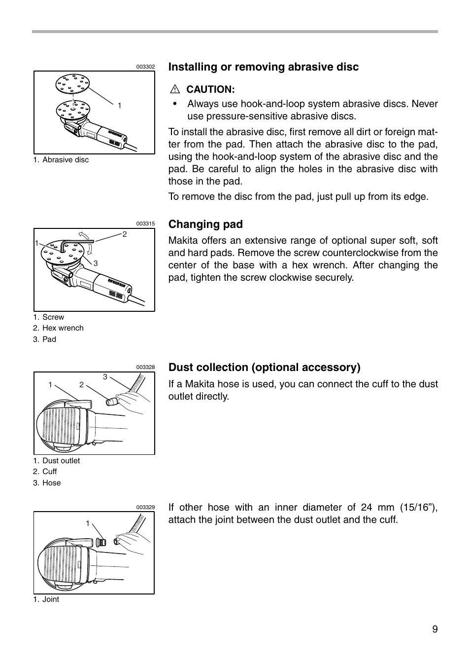 Installing or removing abrasive disc, Changing pad, Dust collection (optional accessory) | Makita BO6040 003278 User Manual | Page 9 / 16