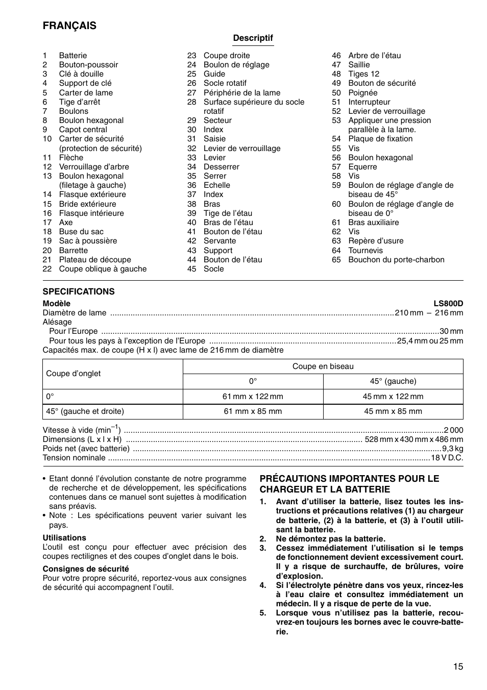 Français | Makita LS800D User Manual | Page 15 / 88