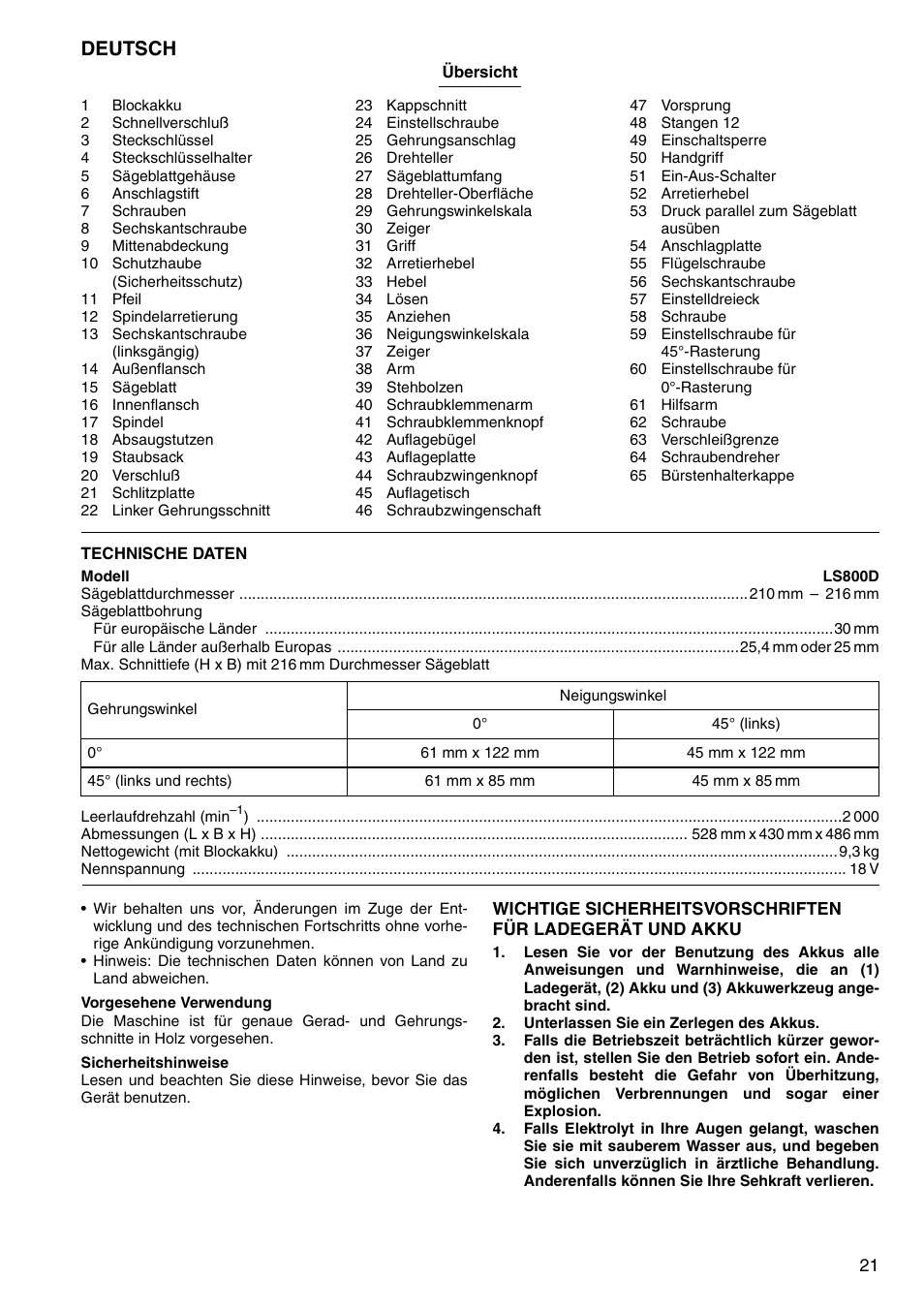 Deutsch | Makita LS800D User Manual | Page 21 / 88