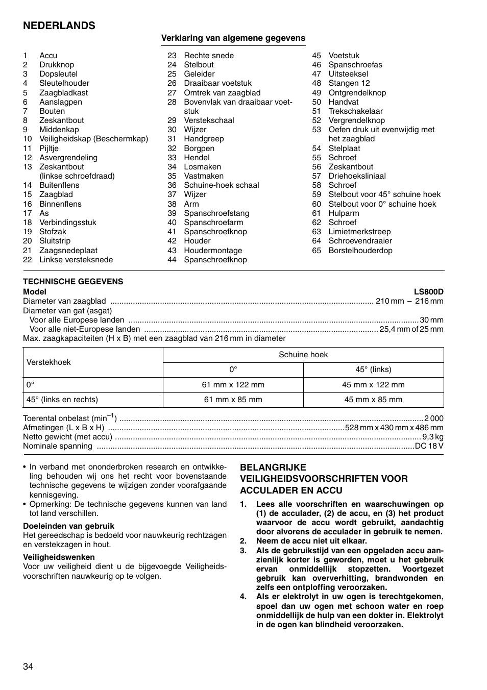 Nederlands | Makita LS800D User Manual | Page 34 / 88