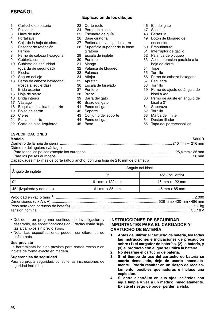 Español | Makita LS800D User Manual | Page 40 / 88