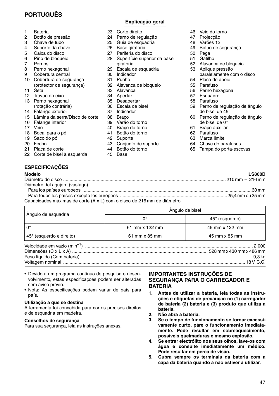 Português | Makita LS800D User Manual | Page 47 / 88