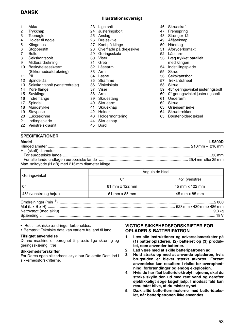 Dansk | Makita LS800D User Manual | Page 53 / 88