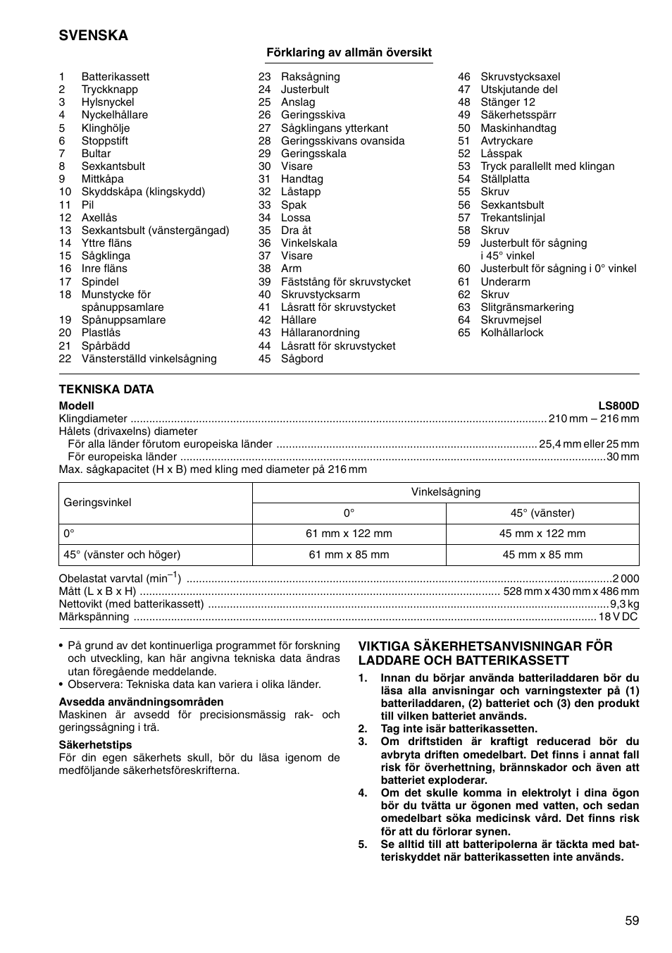 Svenska | Makita LS800D User Manual | Page 59 / 88