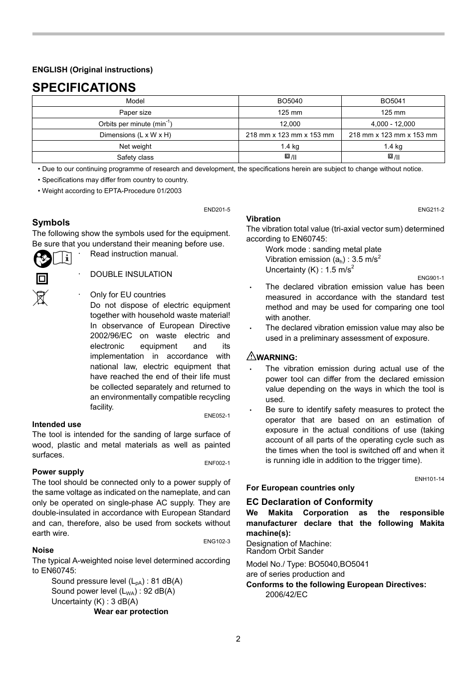 Specifications, Symbols, Ec declaration of conformity | Makita Random Orbit Sander BO5040 User Manual | Page 2 / 12