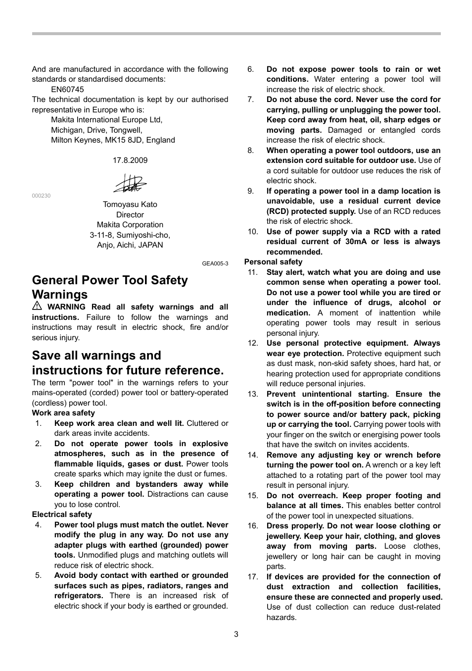 General power tool safety warnings | Makita Random Orbit Sander BO5040 User Manual | Page 3 / 12