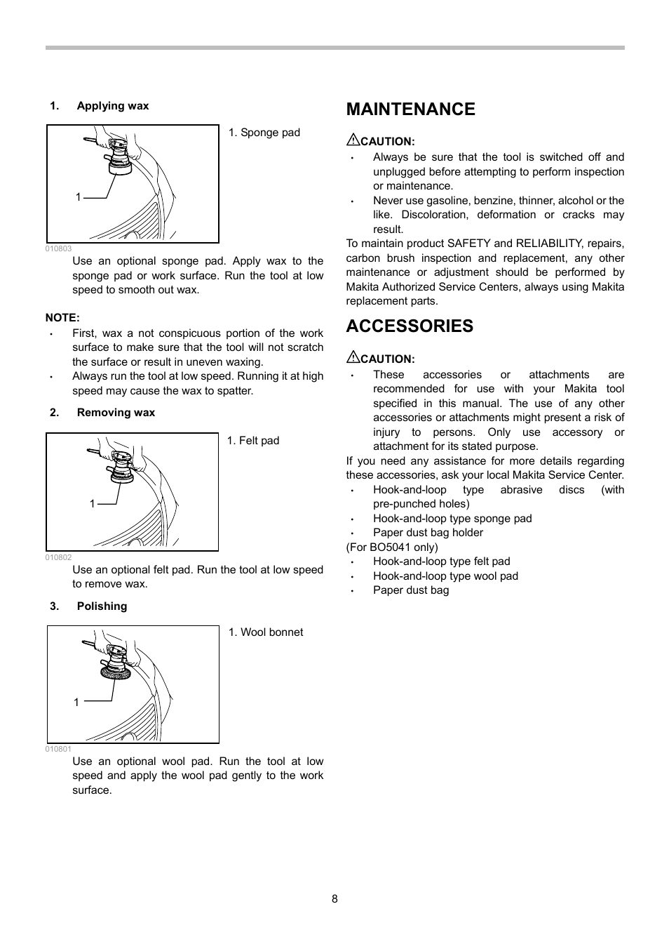 Maintenance, Accessories | Makita Random Orbit Sander BO5040 User Manual | Page 8 / 12