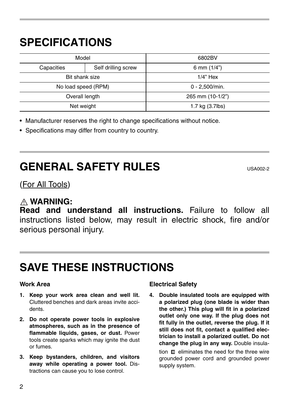 Specifications, General safety rules, Save these instructions | Makita 6802BV User Manual | Page 2 / 16