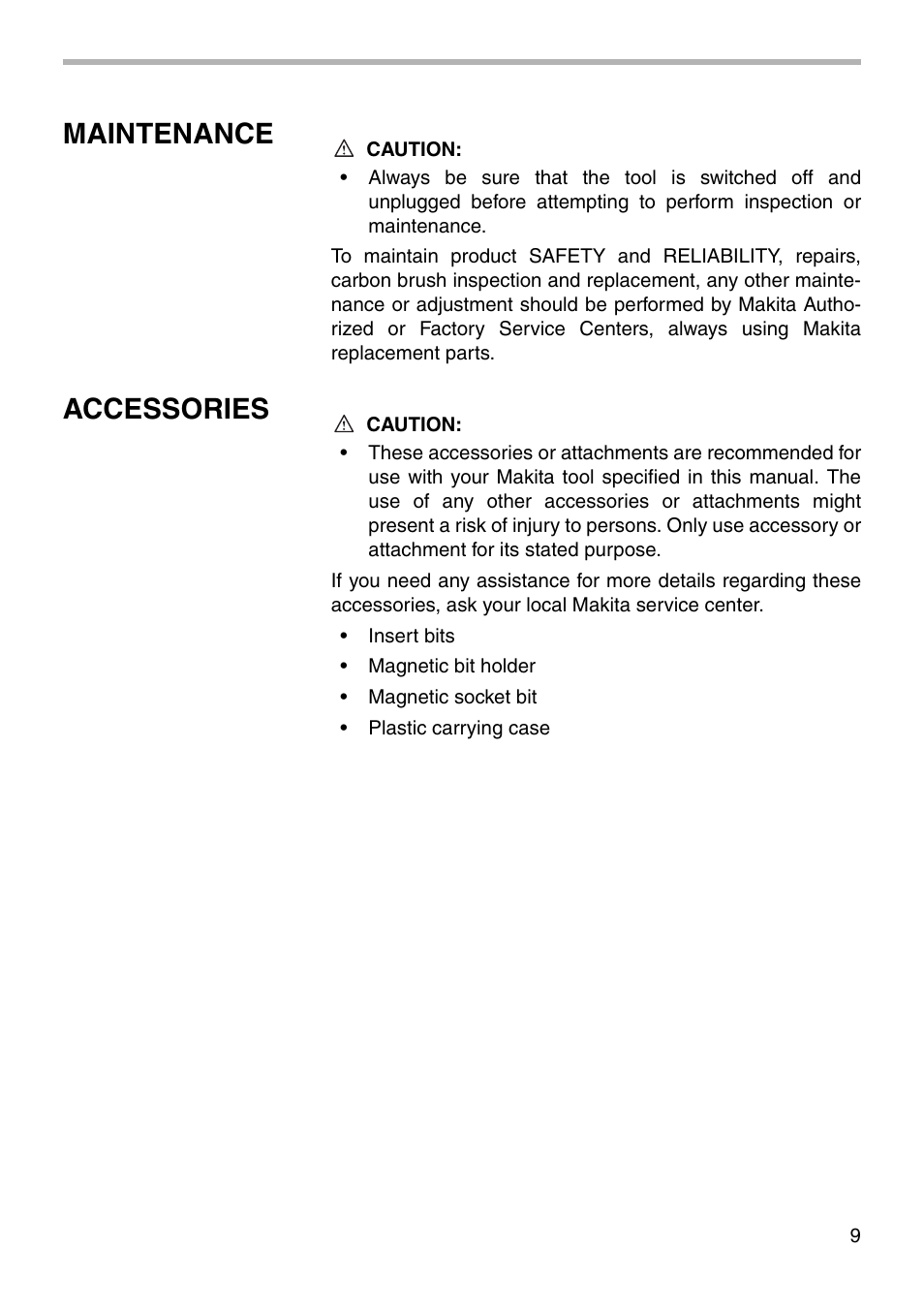 Maintenance, Accessories | Makita 6802BV User Manual | Page 9 / 16