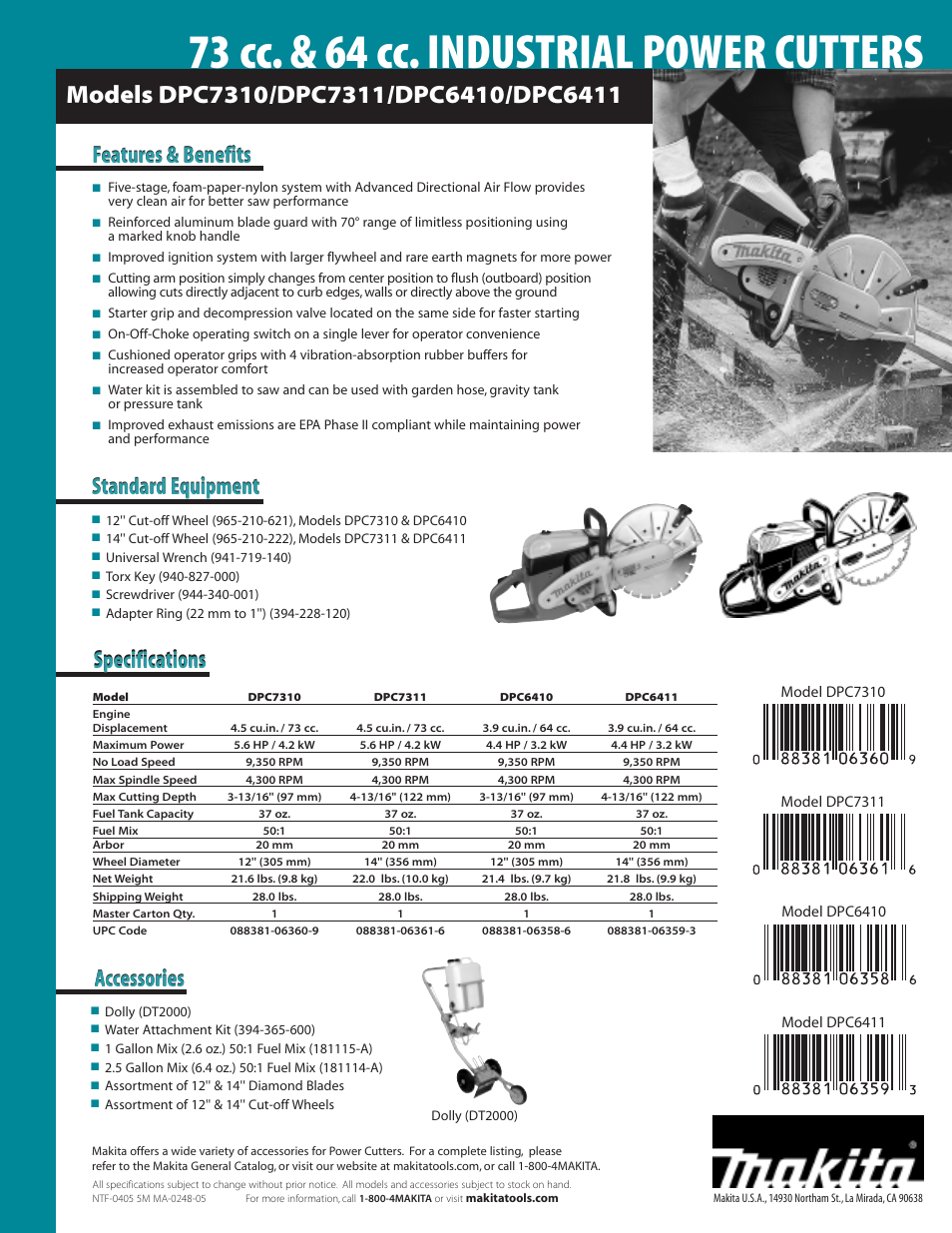 73 cc. & 64 cc. industrial power cutters, Specifications, Standard equipment | Makita DPC7310 User Manual | Page 2 / 2
