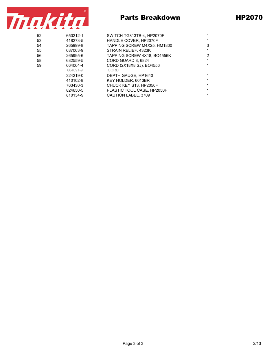 Parts breakdown hp2070 | Makita HP2070 User Manual | Page 3 / 3
