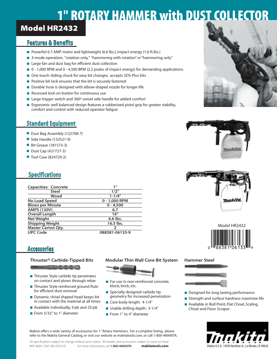 1" rotary hammer with dust collector, Model hr2432, Specifications | Accessories, Standard equipment, Features & benefits | Makita HR2432 User Manual | Page 2 / 2