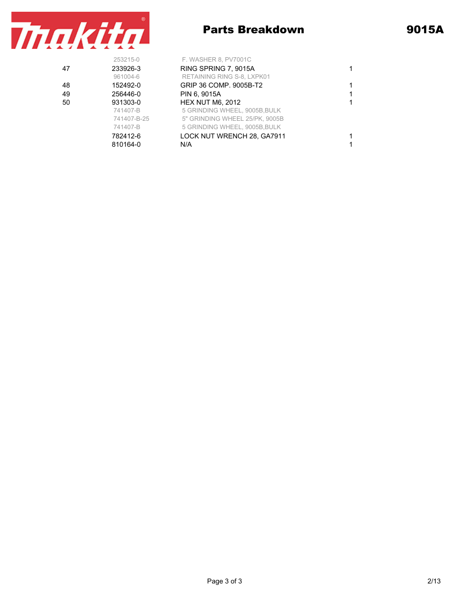 Parts breakdown 9015a | Makita 9015A User Manual | Page 3 / 3