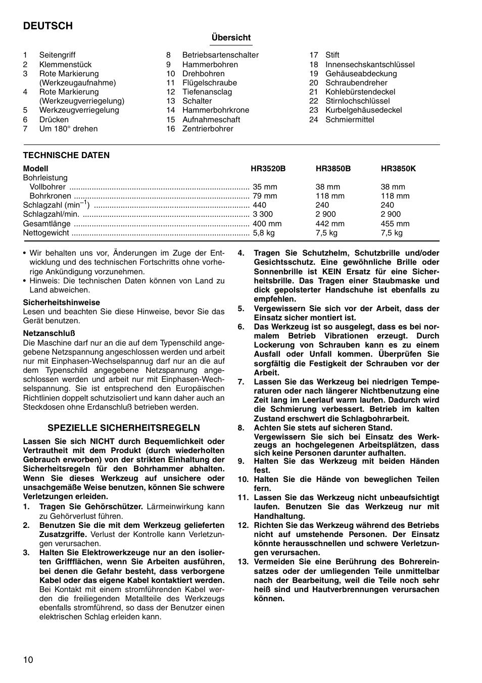 Deutsch | Makita HR3520B User Manual | Page 10 / 48