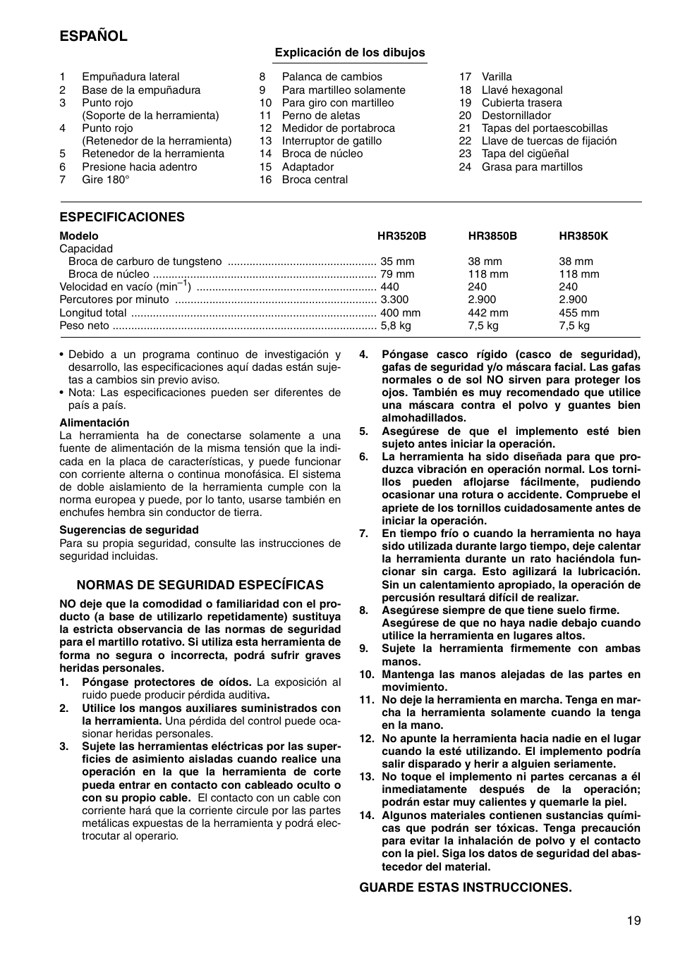 Español | Makita HR3520B User Manual | Page 19 / 48