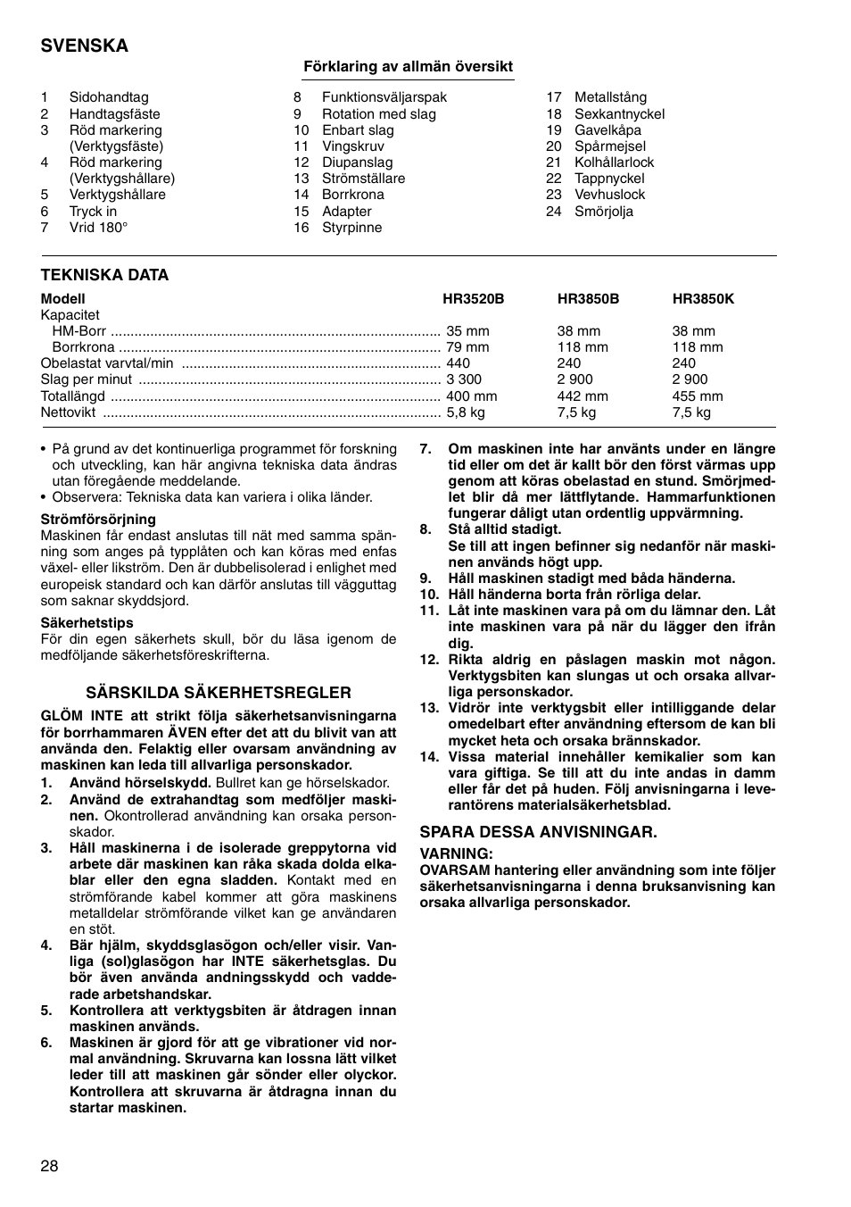 Svenska | Makita HR3520B User Manual | Page 28 / 48