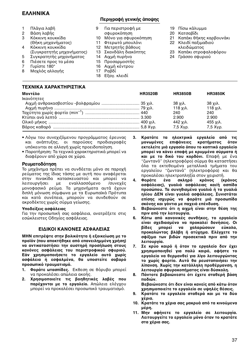 Ελληνικα | Makita HR3520B User Manual | Page 37 / 48