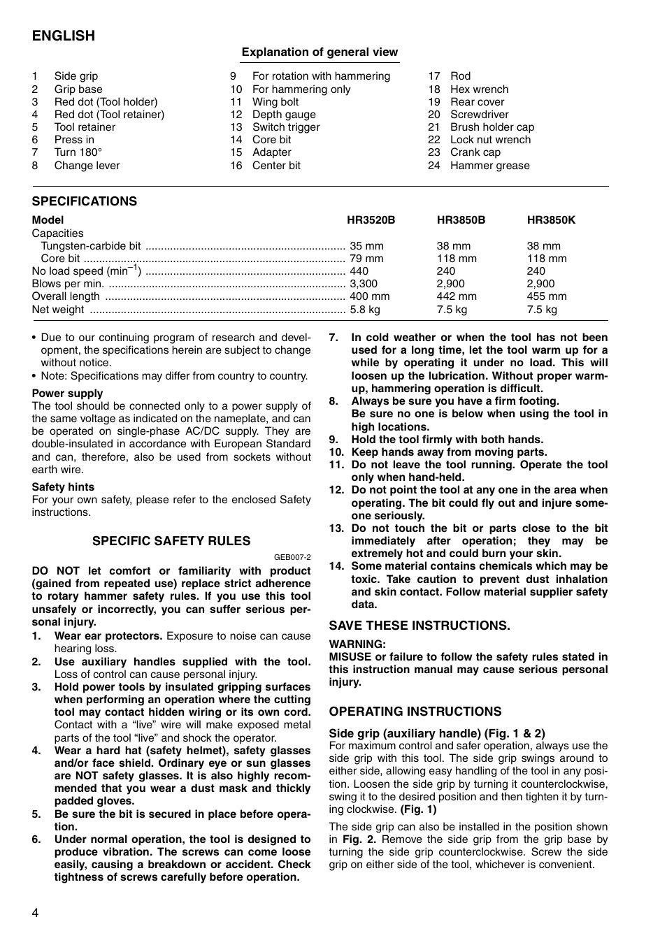 English | Makita HR3520B User Manual | Page 4 / 48
