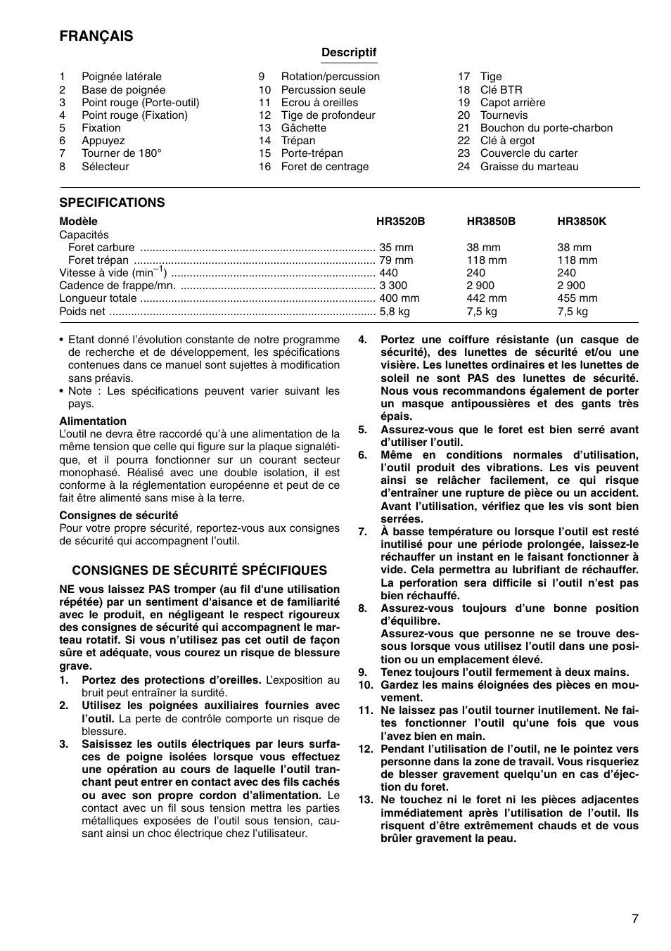 Français | Makita HR3520B User Manual | Page 7 / 48