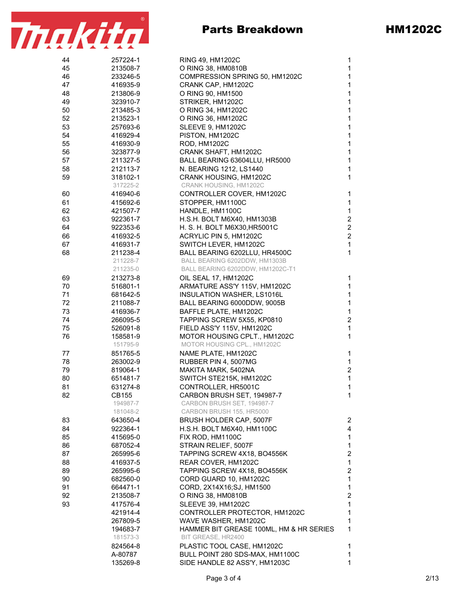 Parts breakdown hm1202c | Makita HM1202C User Manual | Page 3 / 4