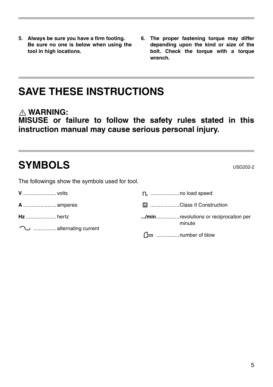 Save these instructions, Symbols | Makita TW0200 003994 User Manual | Page 5 / 16