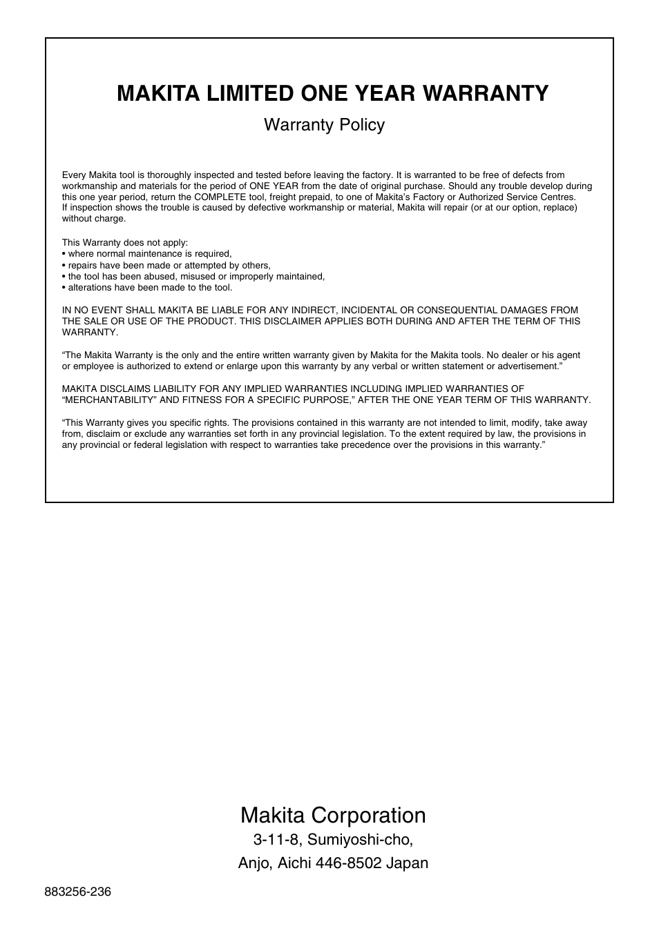 Makita limited one year warranty, Makita corporation, Warranty policy | Makita 9045B User Manual | Page 12 / 12