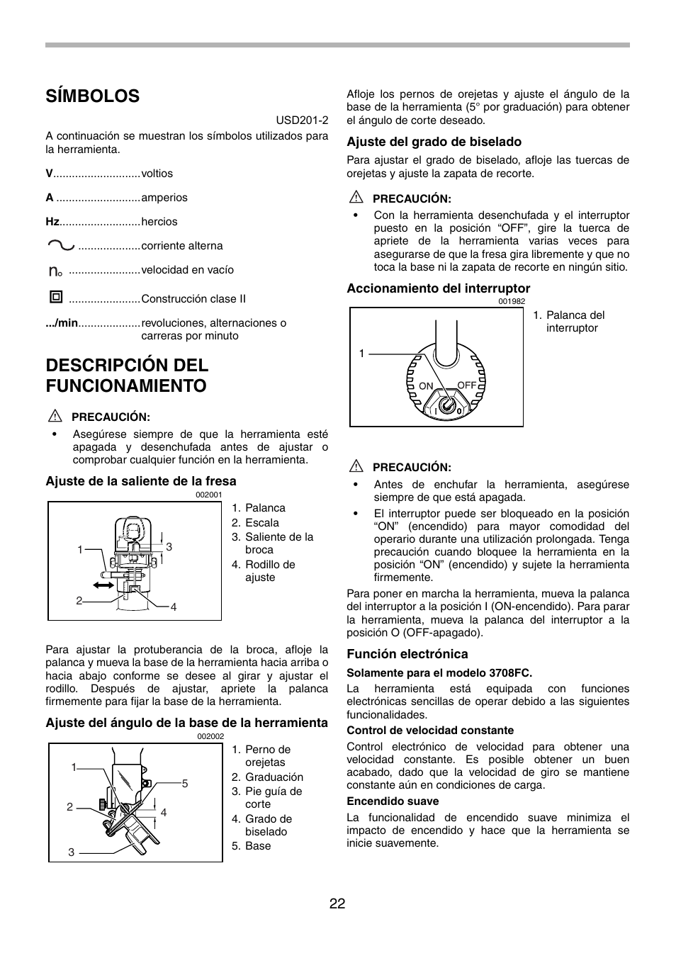 Símbolos, Descripción del funcionamiento | Makita 3708FC User Manual | Page 22 / 28