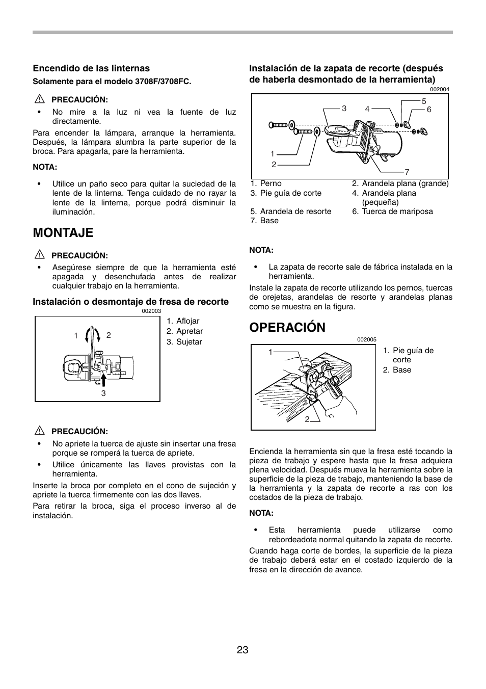 Montaje, Operación | Makita 3708FC User Manual | Page 23 / 28