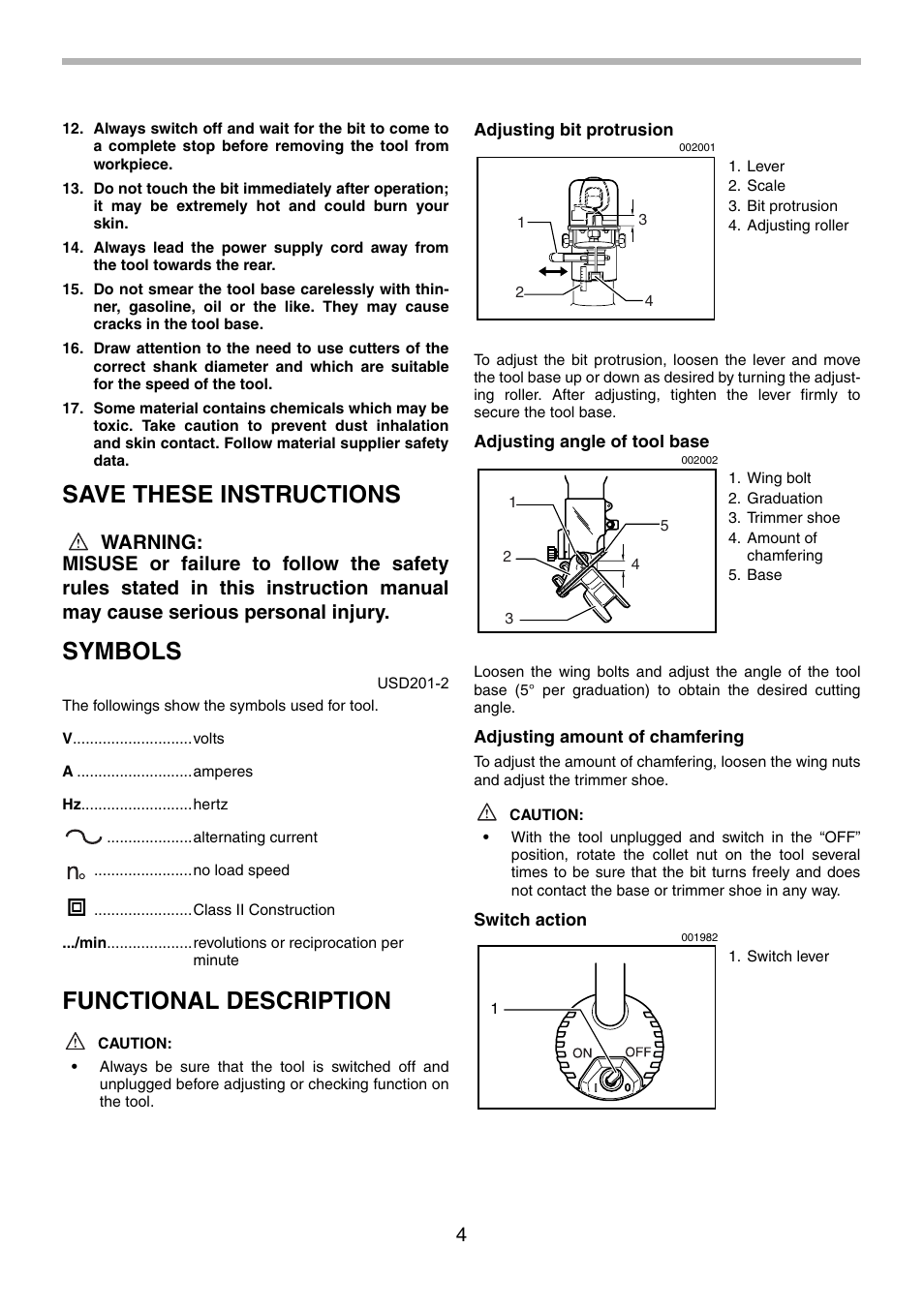 Save these instructions, Symbols, Functional description | Makita 3708FC User Manual | Page 4 / 28