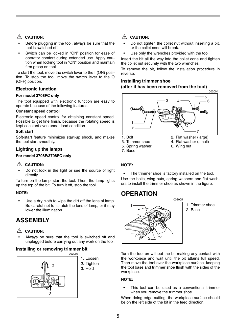 Assembly, Operation | Makita 3708FC User Manual | Page 5 / 28