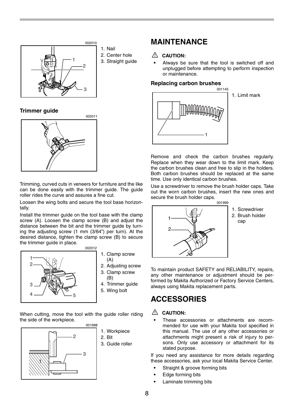 Maintenance, Accessories | Makita 3708FC User Manual | Page 8 / 28