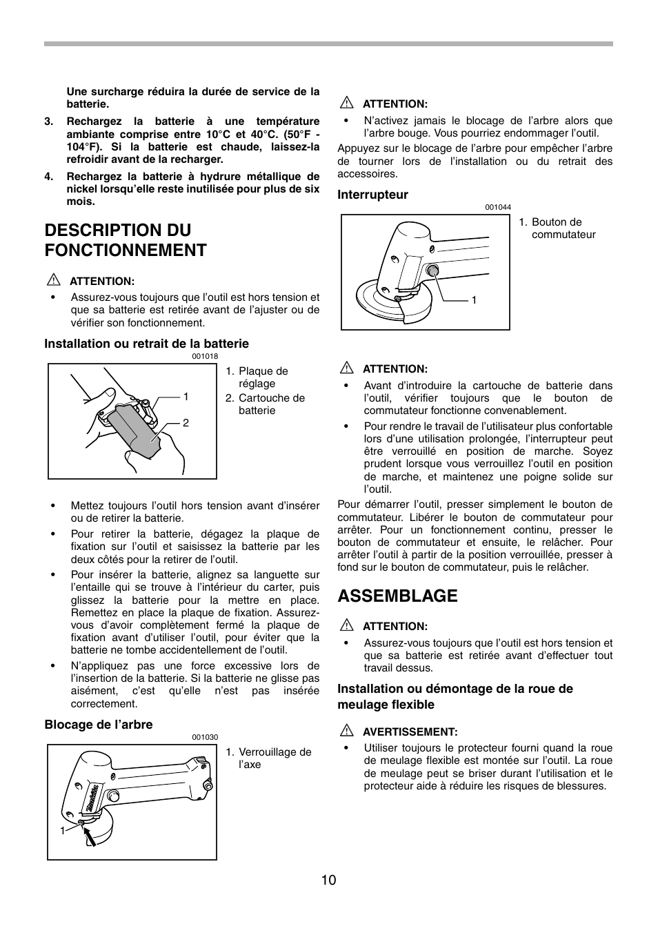 Description du fonctionnement, Assemblage | Makita 9500D User Manual | Page 10 / 20