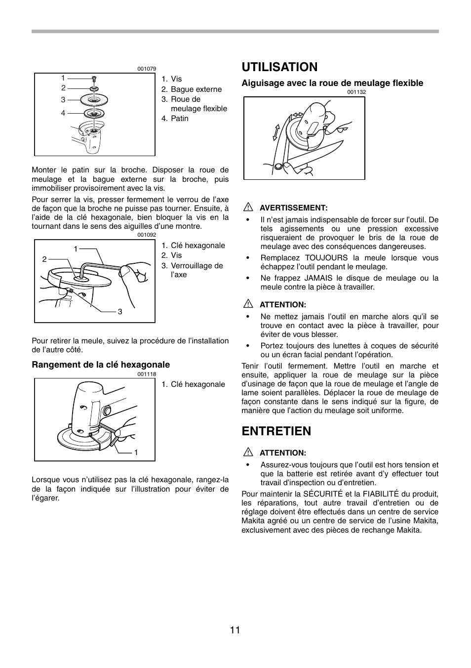 Utilisation, Entretien | Makita 9500D User Manual | Page 11 / 20