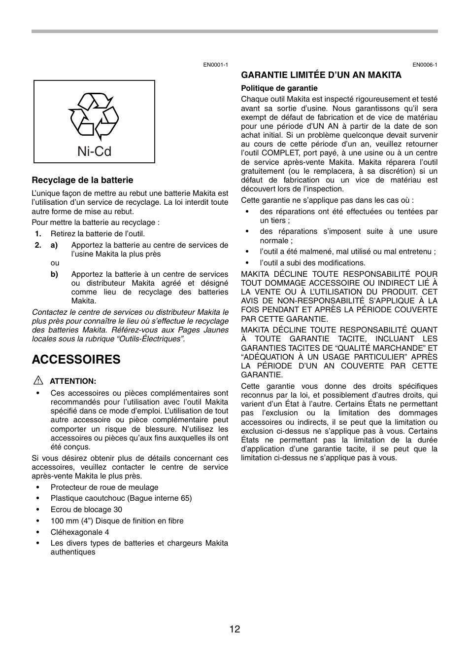 Ni-cd, Accessoires | Makita 9500D User Manual | Page 12 / 20