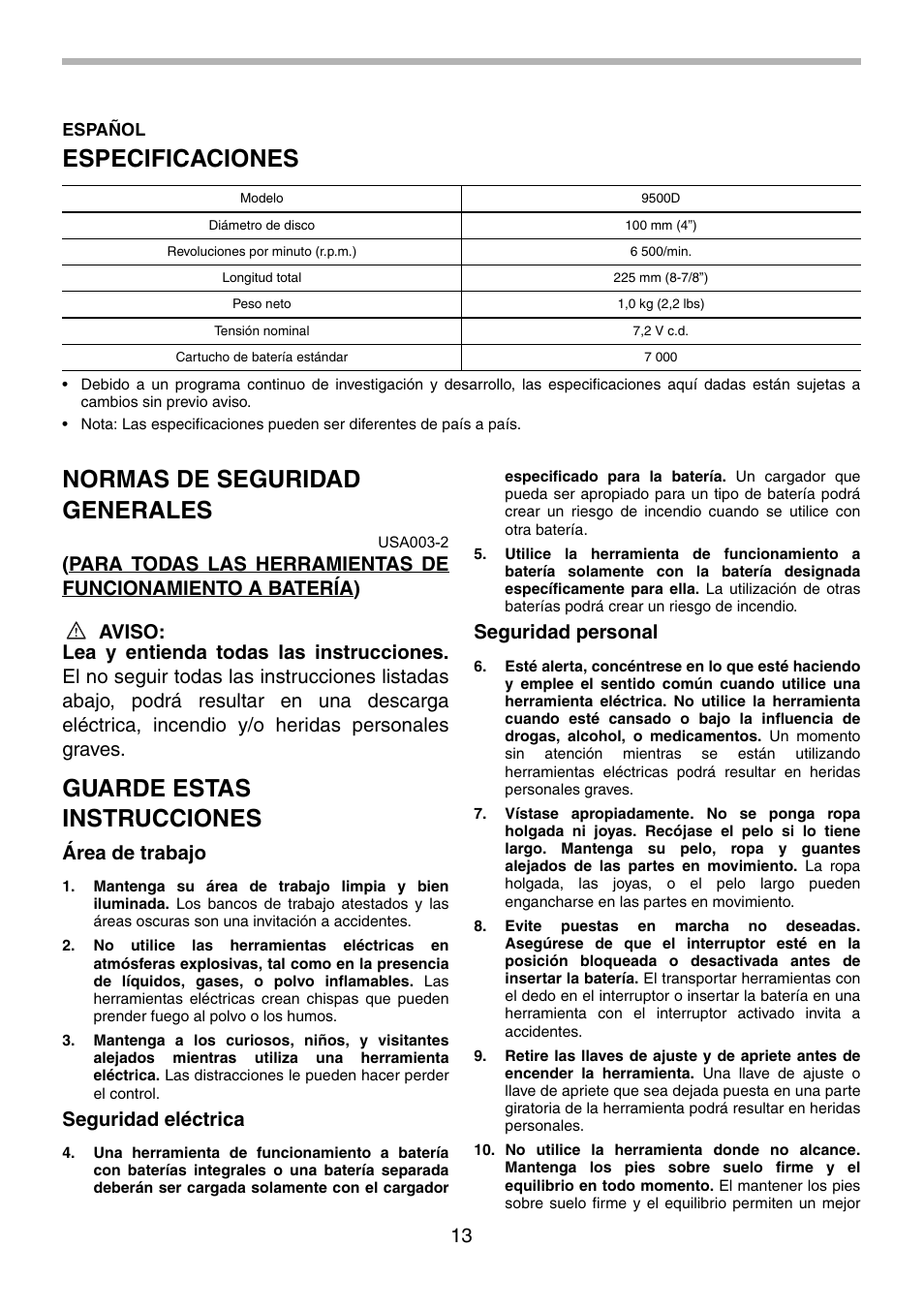 Especificaciones, Normas de seguridad generales, Guarde estas instrucciones | Área de trabajo, Seguridad eléctrica, Seguridad personal | Makita 9500D User Manual | Page 13 / 20