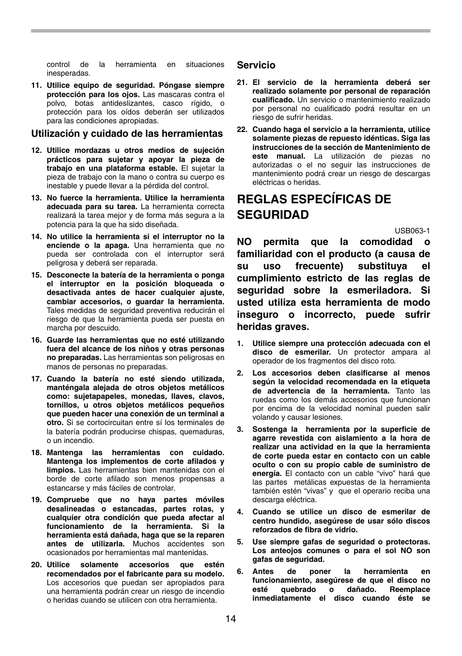 Reglas específicas de seguridad, Utilización y cuidado de las herramientas, Servicio | Makita 9500D User Manual | Page 14 / 20