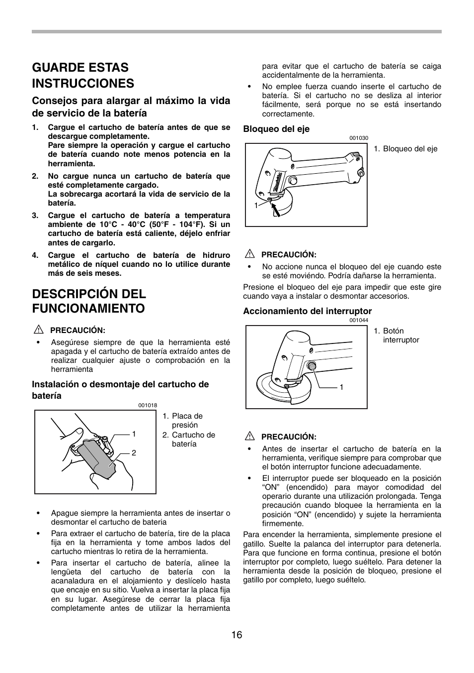 Guarde estas instrucciones, Descripción del funcionamiento | Makita 9500D User Manual | Page 16 / 20