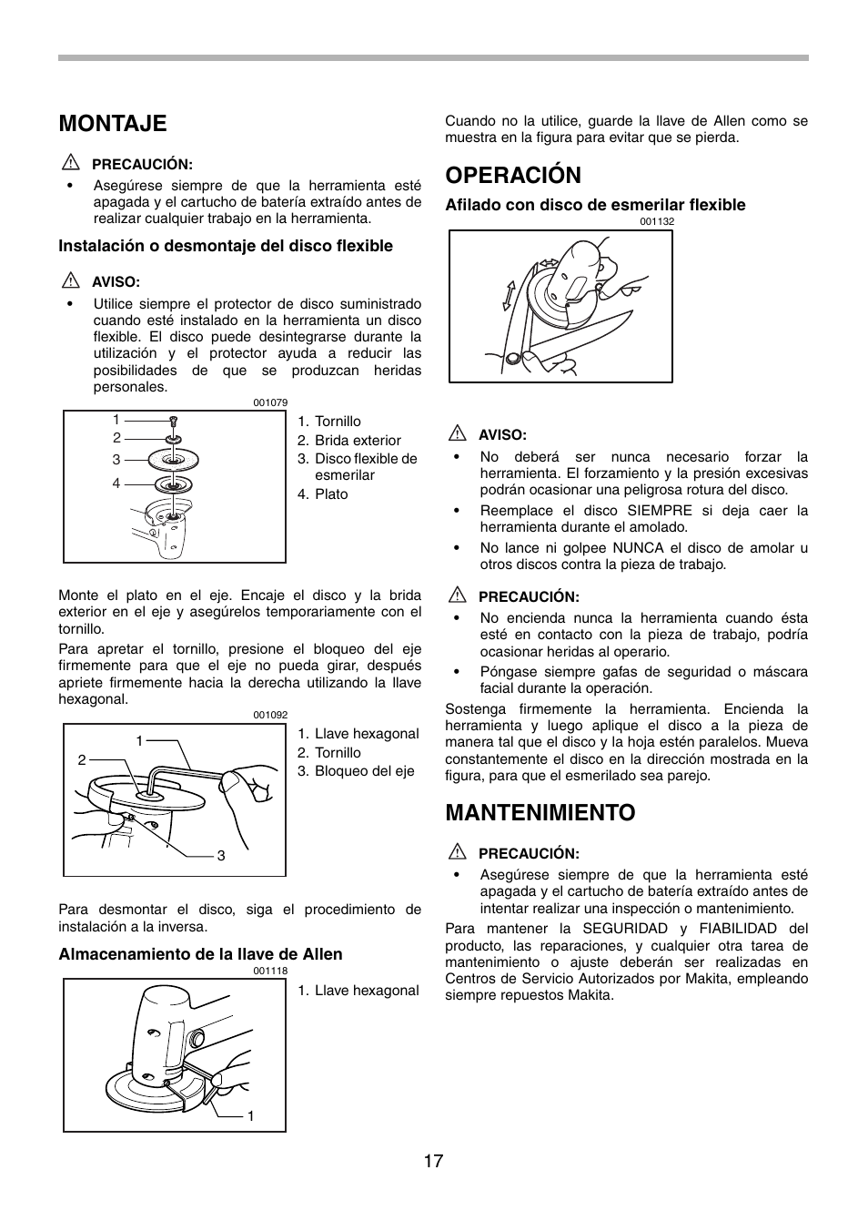 Montaje, Operación, Mantenimiento | Makita 9500D User Manual | Page 17 / 20