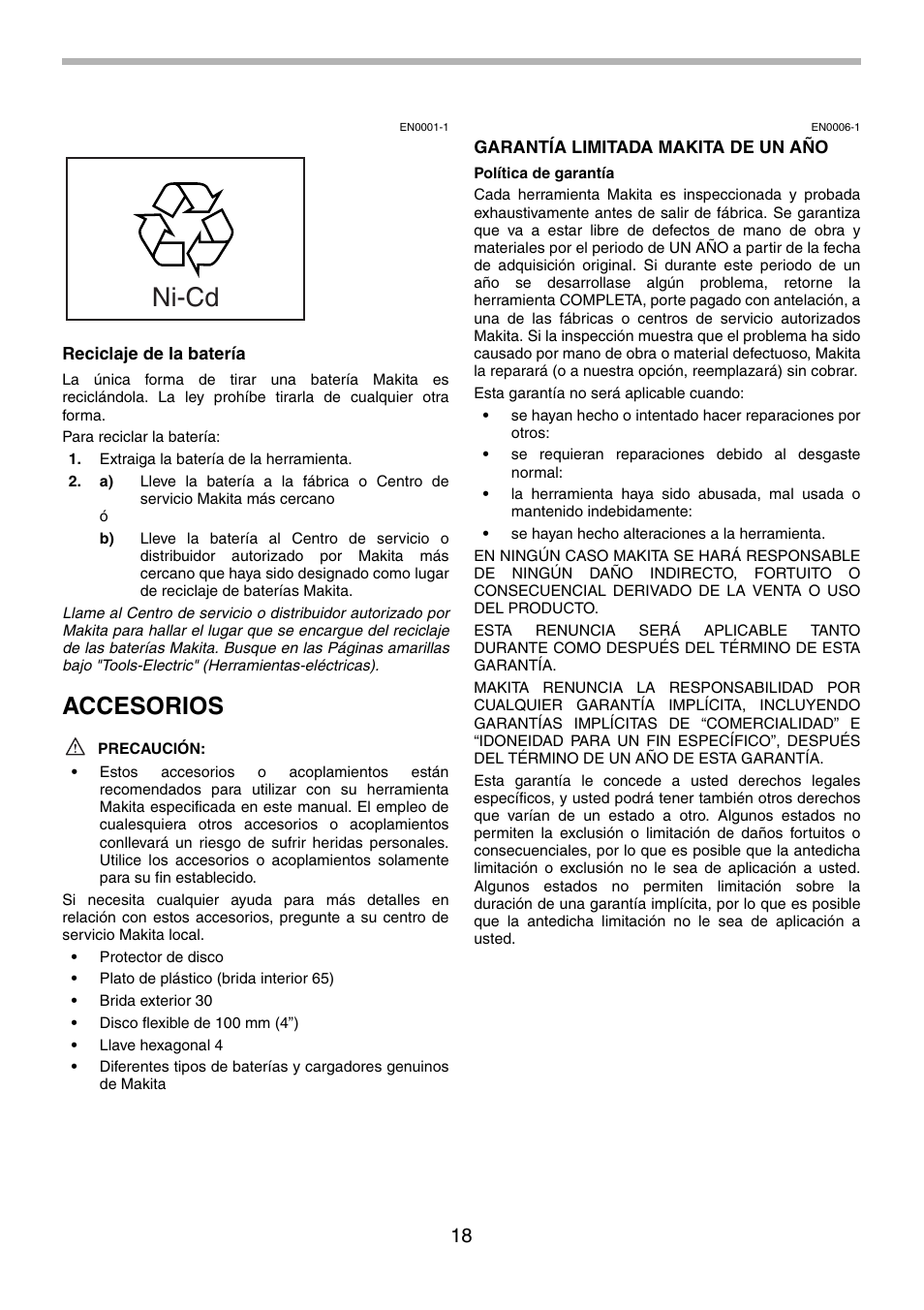 Ni-cd, Accesorios | Makita 9500D User Manual | Page 18 / 20