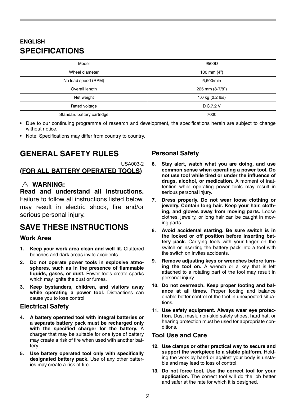 Specifications, General safety rules, Save these instructions | Work area, Electrical safety, Personal safety, Tool use and care | Makita 9500D User Manual | Page 2 / 20