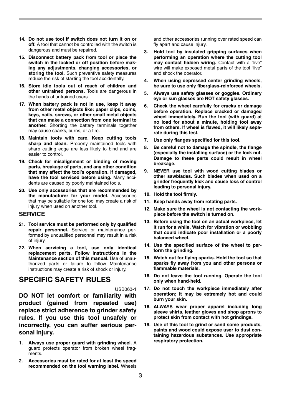 Specific safety rules, Service | Makita 9500D User Manual | Page 3 / 20