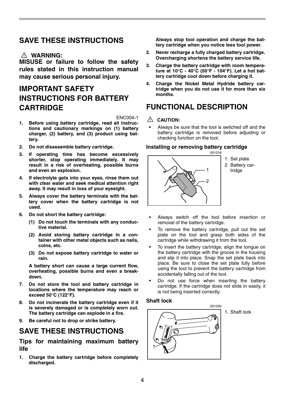 Save these instructions, Functional description, Tips for maintaining maximum battery life | Makita 9500D User Manual | Page 4 / 20