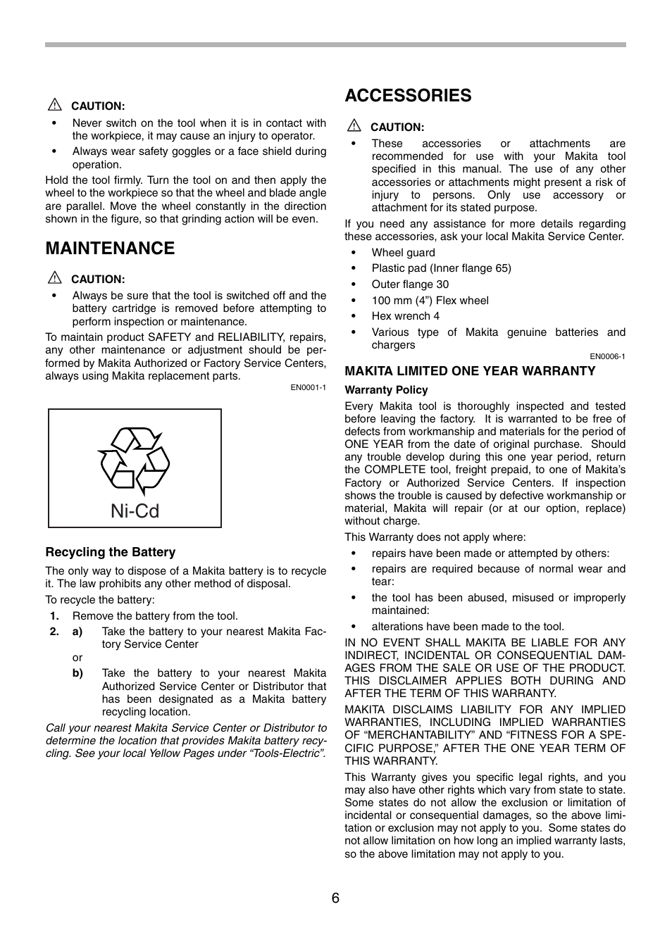 Ni-cd, Maintenance, Accessories | Makita 9500D User Manual | Page 6 / 20