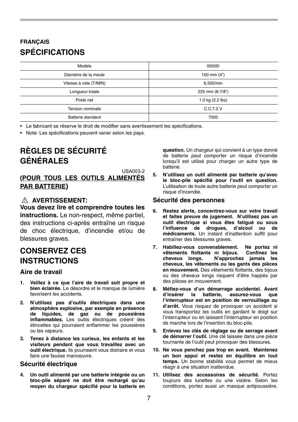 Spécifications, Règles de sécurité générales, Conservez ces instructions | Pour tous les outils alimentés par batterie, Aire de travail, Sécurité électrique, Sécurité des personnes | Makita 9500D User Manual | Page 7 / 20