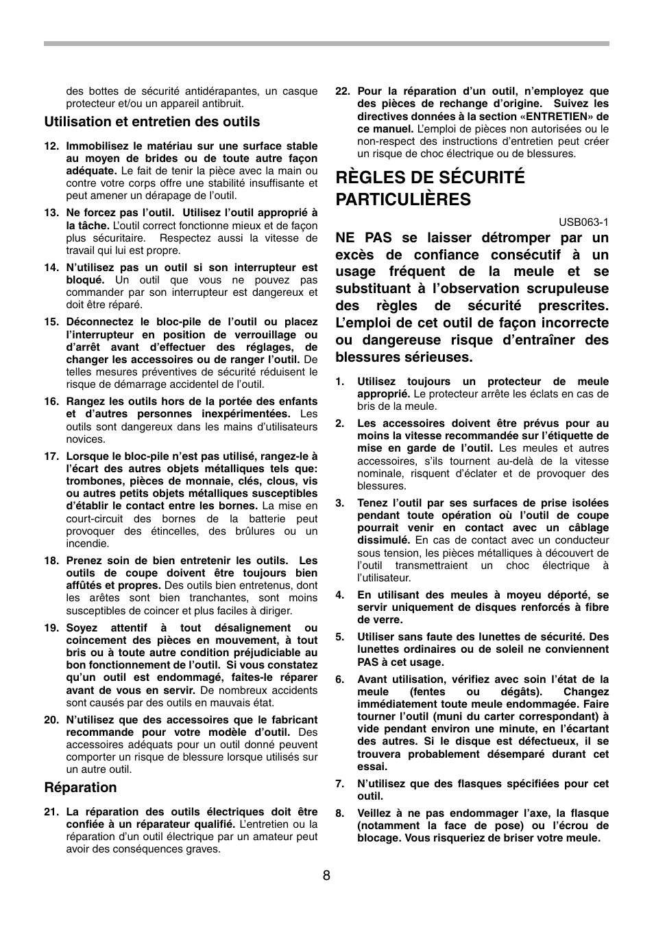 Règles de sécurité particulières, Utilisation et entretien des outils, Réparation | Makita 9500D User Manual | Page 8 / 20